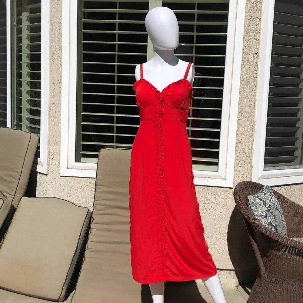 TOPSHOP Red Ruffle Button Down Slipdress Sz 2 - Picture 2 of 11